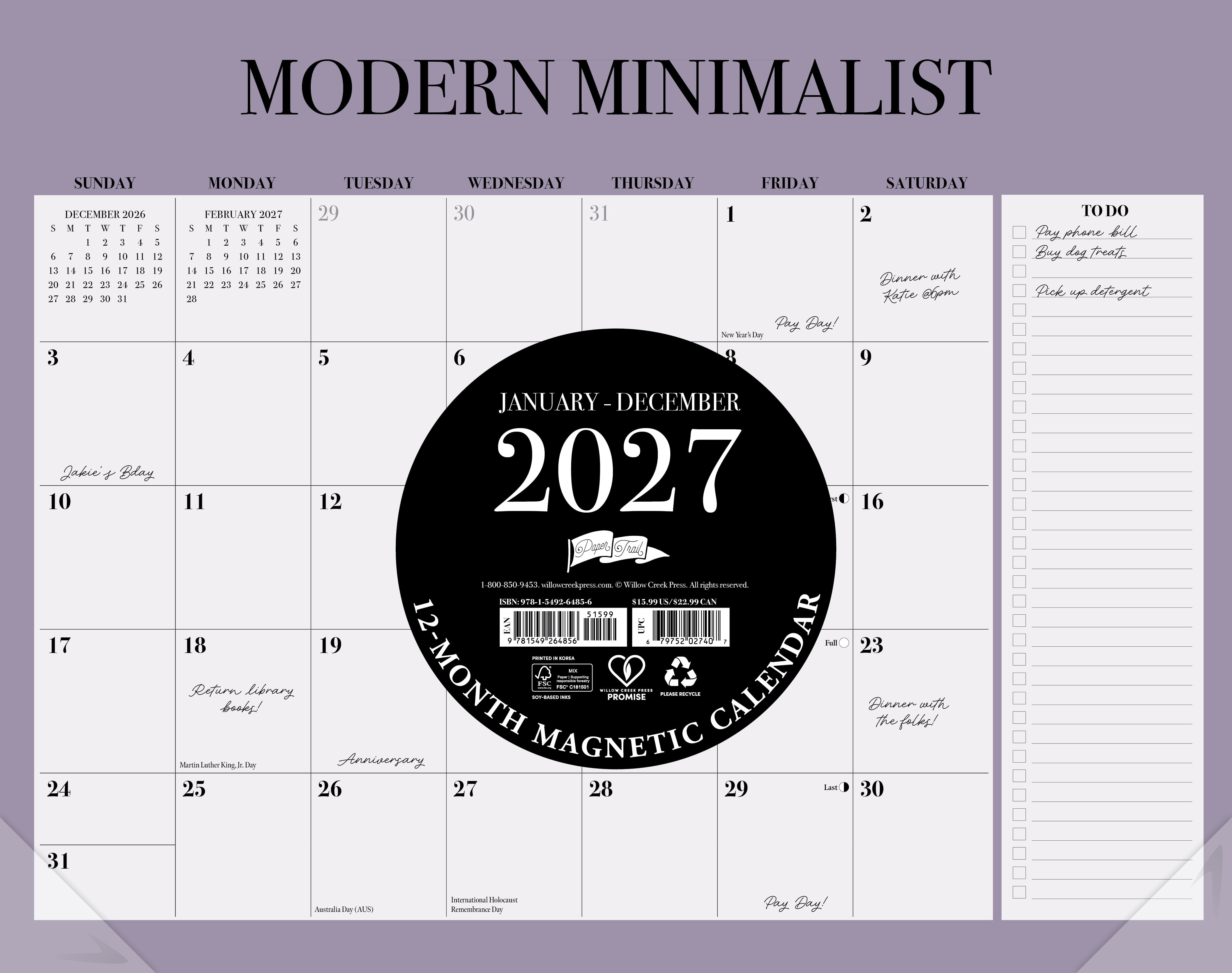 Willow Creek Press Modern Minimalist 2027 14.25" x 11.25" Magnetic Wall Calendar (64856)