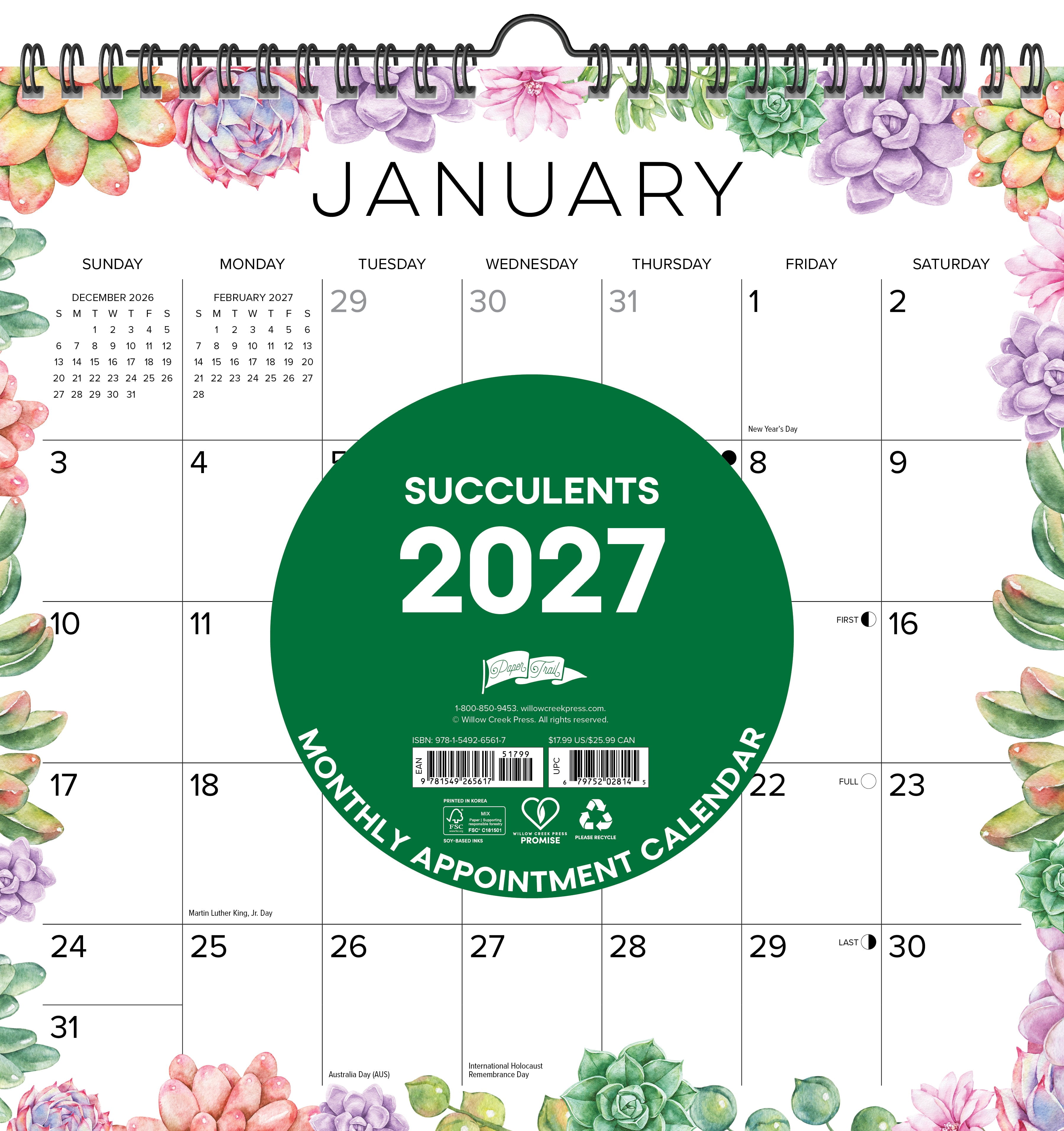 Willow Creek Press Succulents 2027 12" x 12" Spiral Wall Calendar (65617)