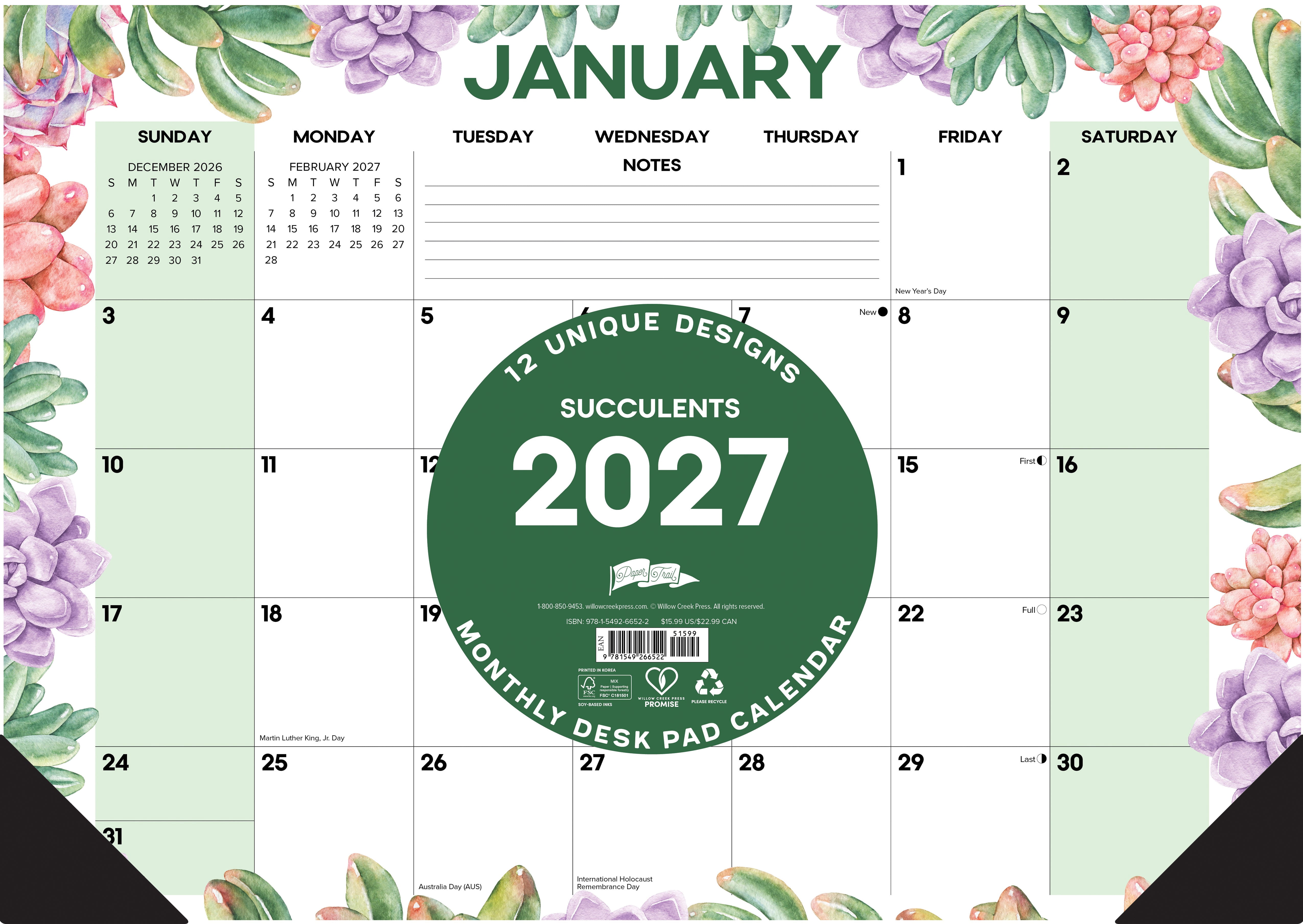 Willow Creek Press Succulents 2027 17" x 12" Small Monthly Deskpad (66522)