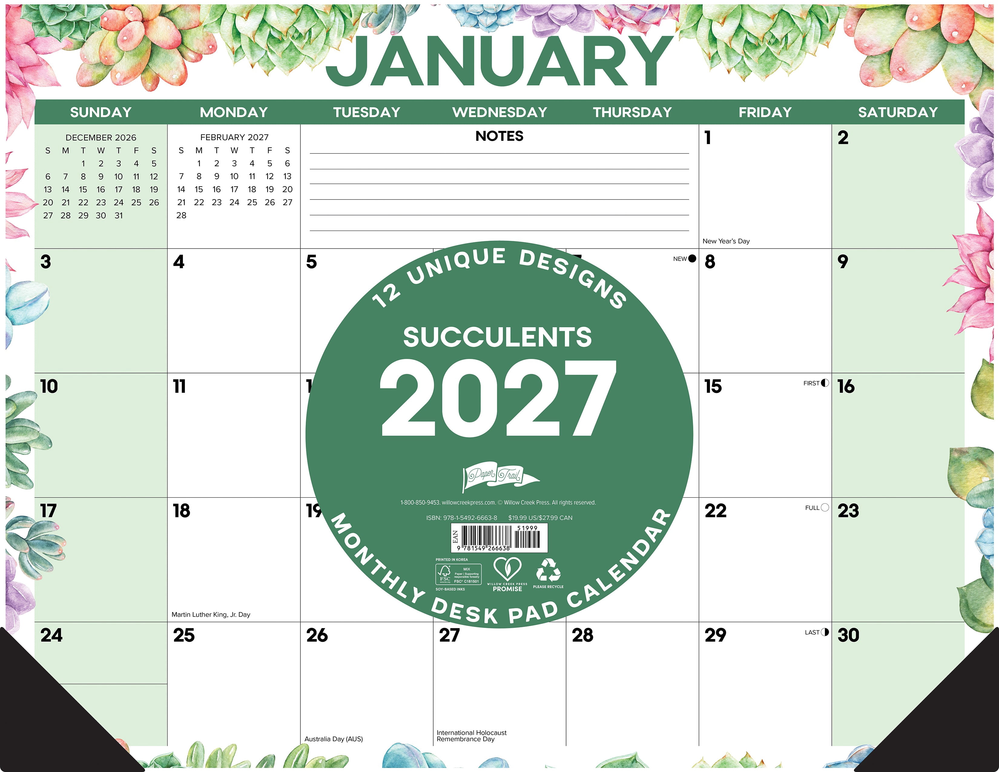 Willow Creek Press Succulents 2027 22" x 17" Large Monthly Deskpad (66638)