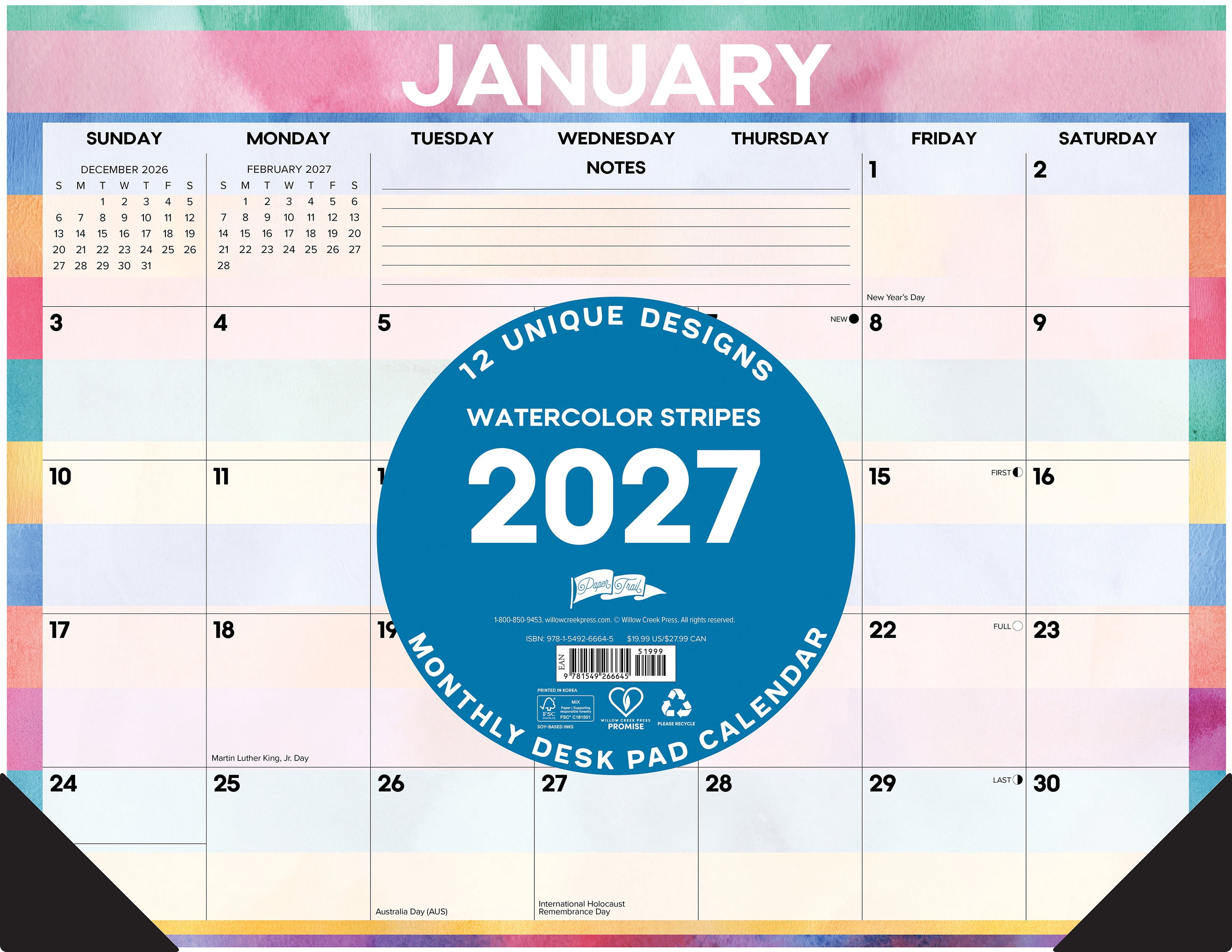 Willow Creek Press Watercolor Stripes 2027 22" x 17" Large Monthly Deskpad (66645)