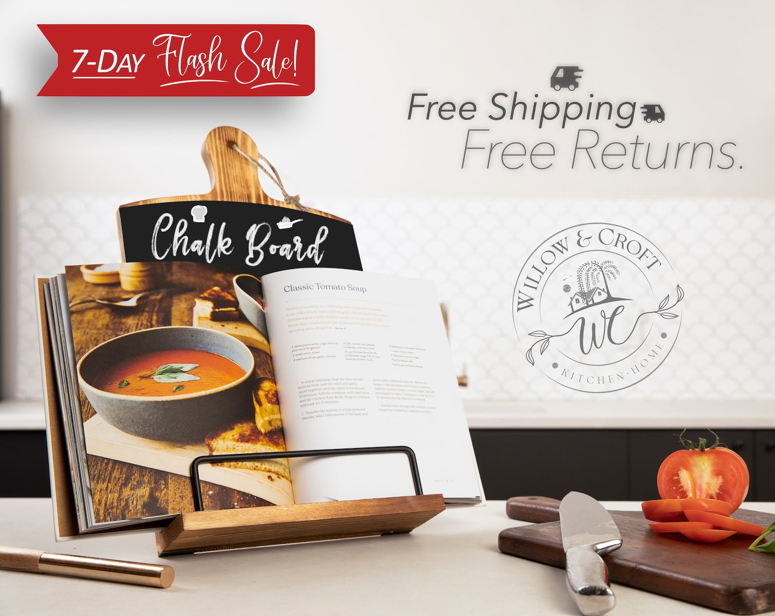 Willow & Croft Premium Cook Book Stand Chalkboard, Chalk & Eraser