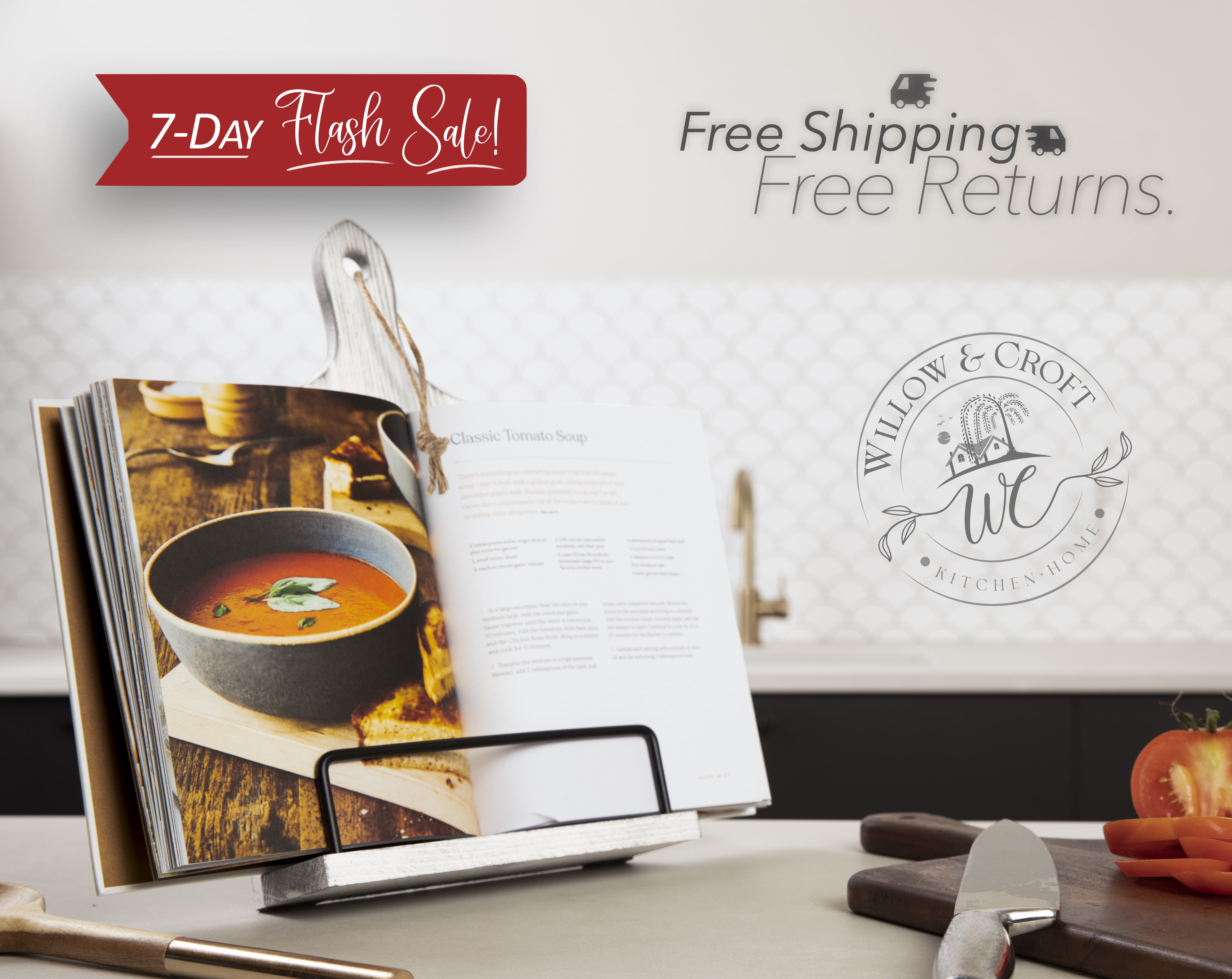 Willow & Croft Premium Cook Book Stand. Farmhouse Cutting Board Stand Cookbook Holder, Recipe