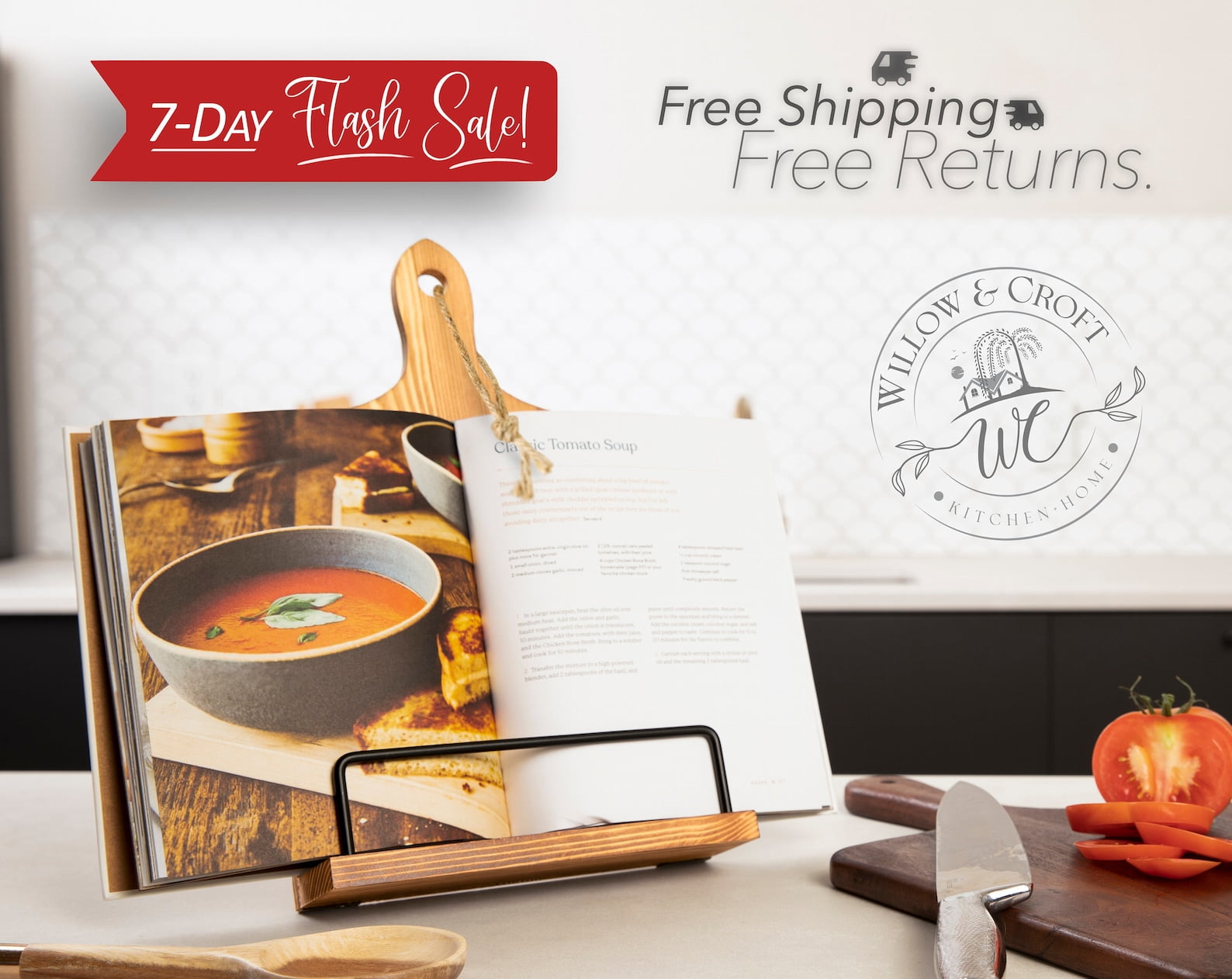 Willow & Croft Premium Cook Book Stand. Farmhouse Cutting Board Stand