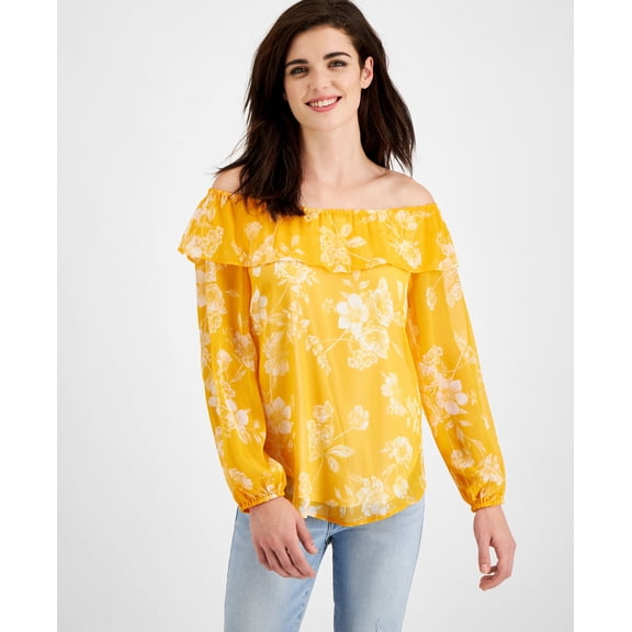 Willow Drive Printed Off The Shoulder Top Gold Floral M