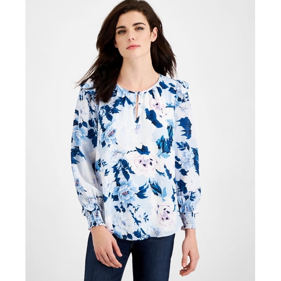 Willow Drive Printed Ruffle Shoulder Top Blue Floral L