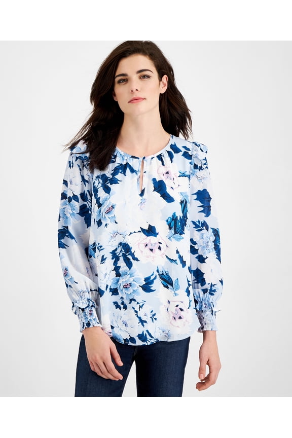 Printed Ruffle Shoulder Top Blue Floral L