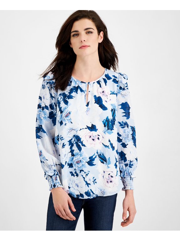 Printed Ruffle Shoulder Top Blue Floral L