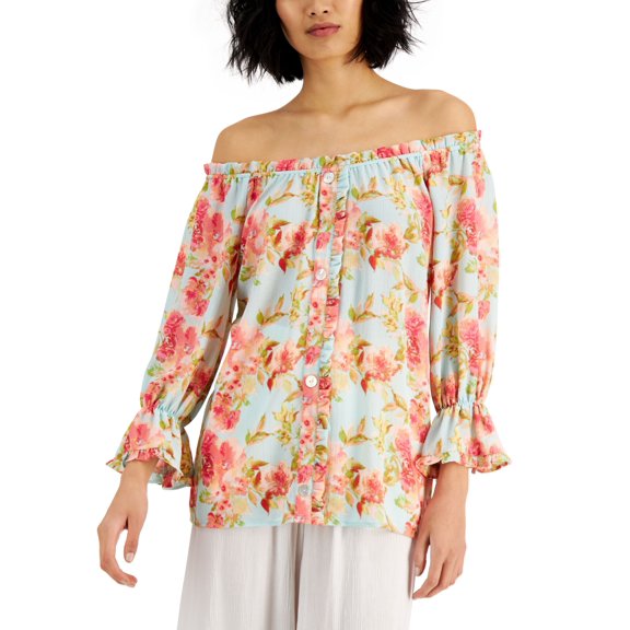 Willow Drive Printed Seersucker Off The Shoulder Top Blue Floral S