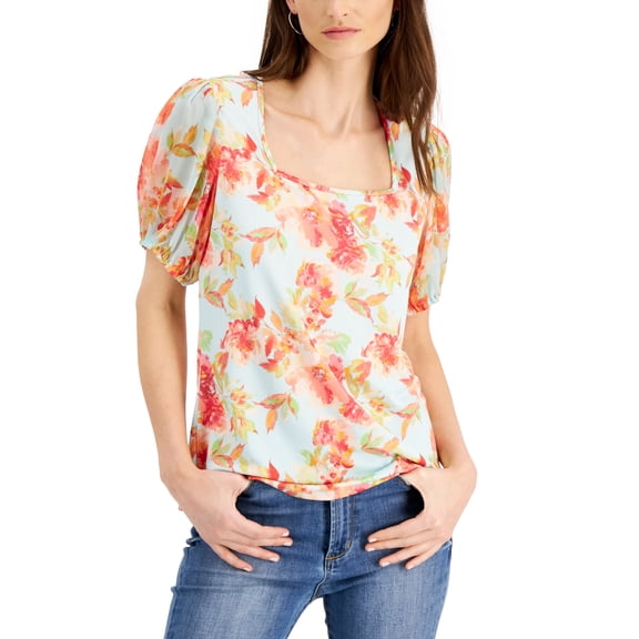 Willow Drive Square Neck Puff Sleeve Top Blue Floral XS