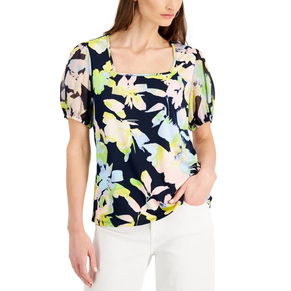 Willow Drive Square Neck Puff Sleeve Top Blue Multi S