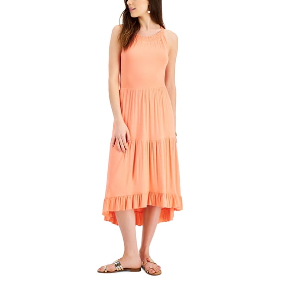 Willow Drive Tiered High Low Sleeveless Dress Coral L