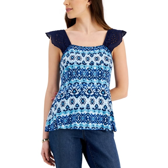 Willow Drive Women's Eyelet Flutter Sleeve Top Blue Size X-Large