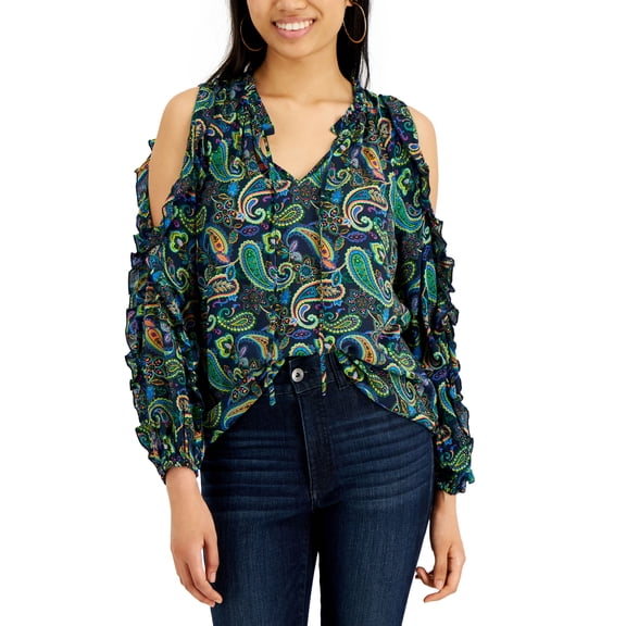 Willow Drive Ruffled Cold Shoulder Top Rainbow Paisley S