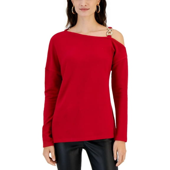 Willow Drive Womens Embellished Cold Shoulder Sweater Scooter Red S