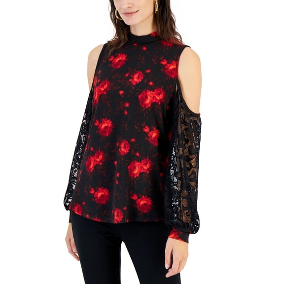 Willow Drive Womens Lace Sleeve Cold Shoulder Top Crushed Red L