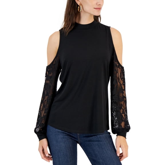 Willow Drive Womens Lace Sleeve Cold Shoulder Top Black XL