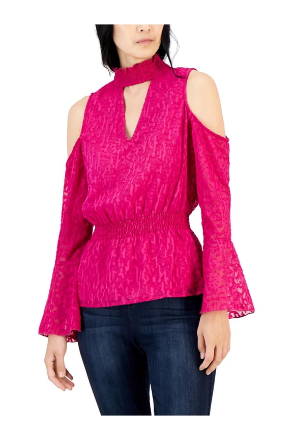 Womens Cold Shoulder Smocked Waist Top Festival Fuschia S