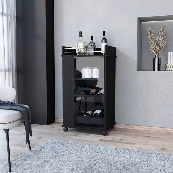 Willow Engineered Wood Bar Cart - Black, With Ample Storage Space Stylish Black Extra Shelving Maximize Your