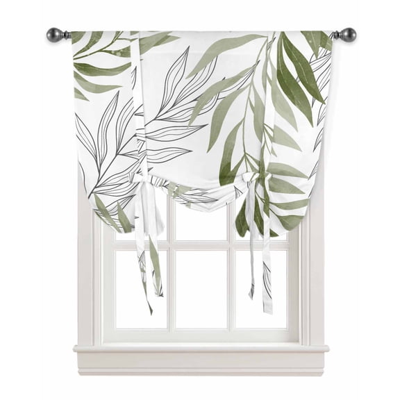 Willow Leaf Lines Sage Green Window Curtains Tie Up Curtains for Kitchen Living Room Adjustable Rod Pocket Valances