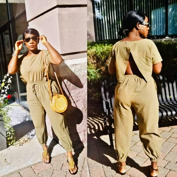 Willow Linen Split mock neck Jumpsuit with wide leg Long Pants Romper| Green