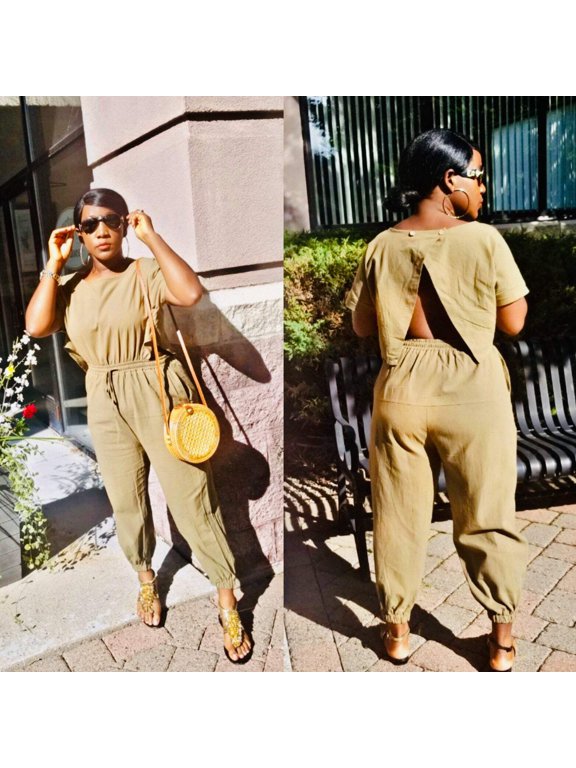 Willow Linen Split mock neck Jumpsuit with wide leg Long Pants Romper| Green