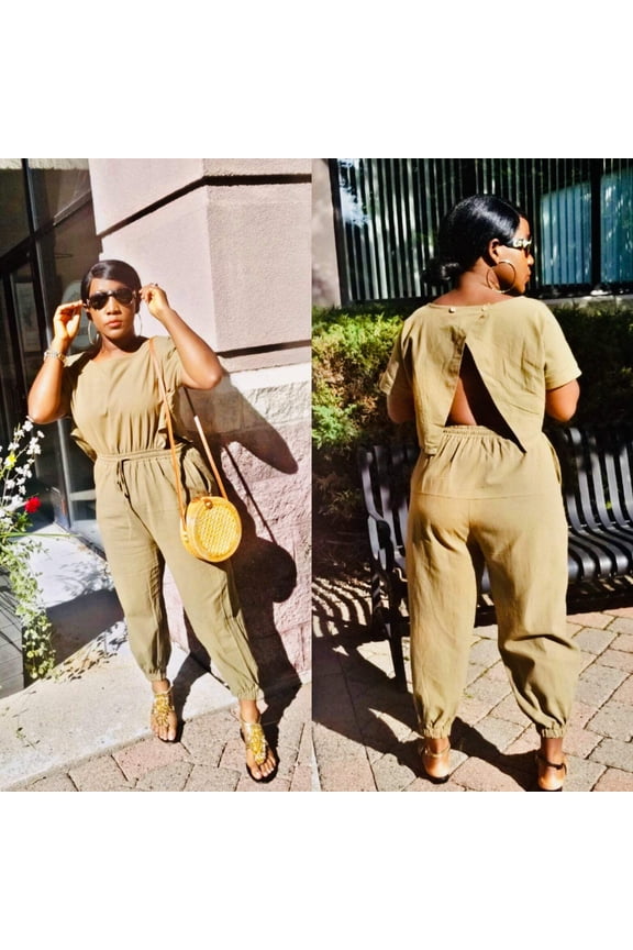 Willow Linen Split mock neck Jumpsuit with wide leg Long Pants Romper| Green