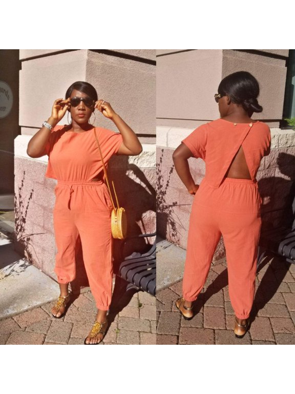 Willow Linen Split mock neck Jumpsuit with wide leg Long Pants Romper| Orange