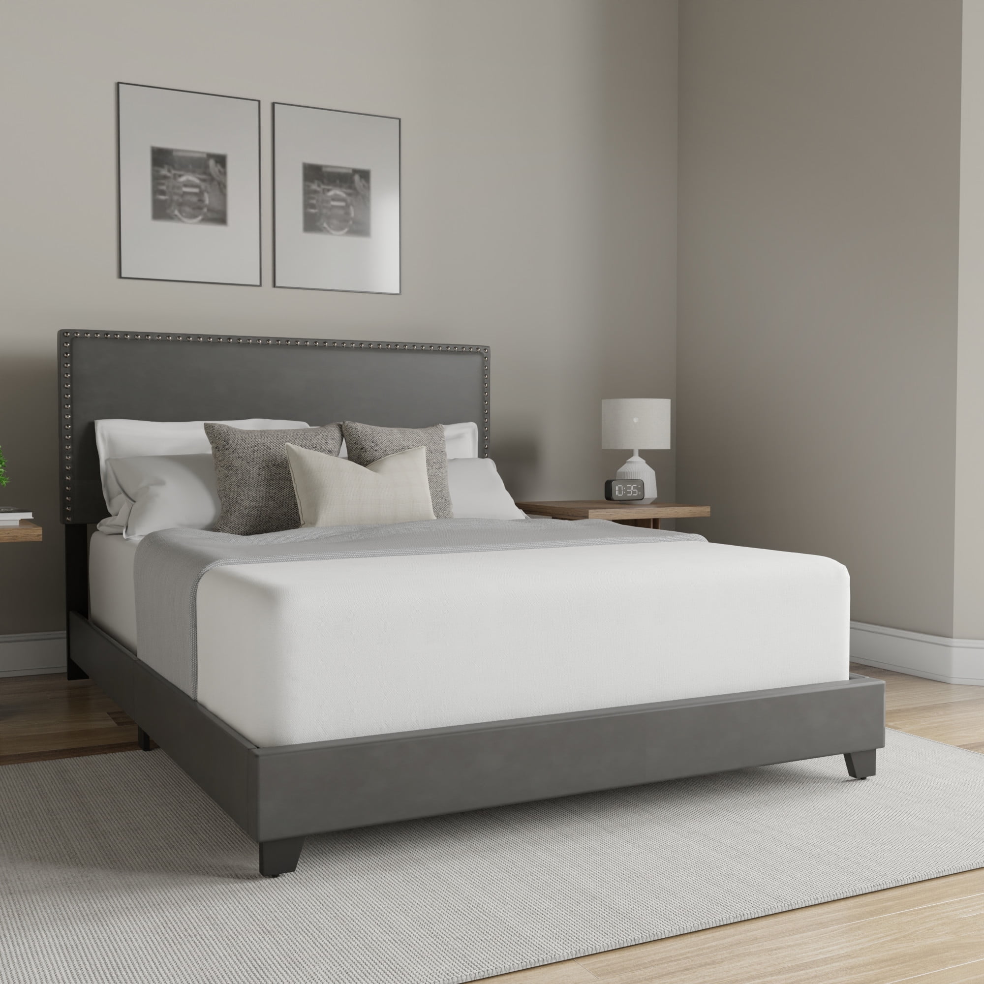 Willow Nailhead Trim Upholstered Full Bed, Charcoal Faux Leather