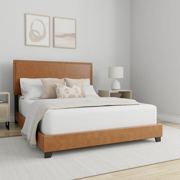 Willow Nailhead Trim Upholstered Full Bed, Saddle Brown Faux Leather
