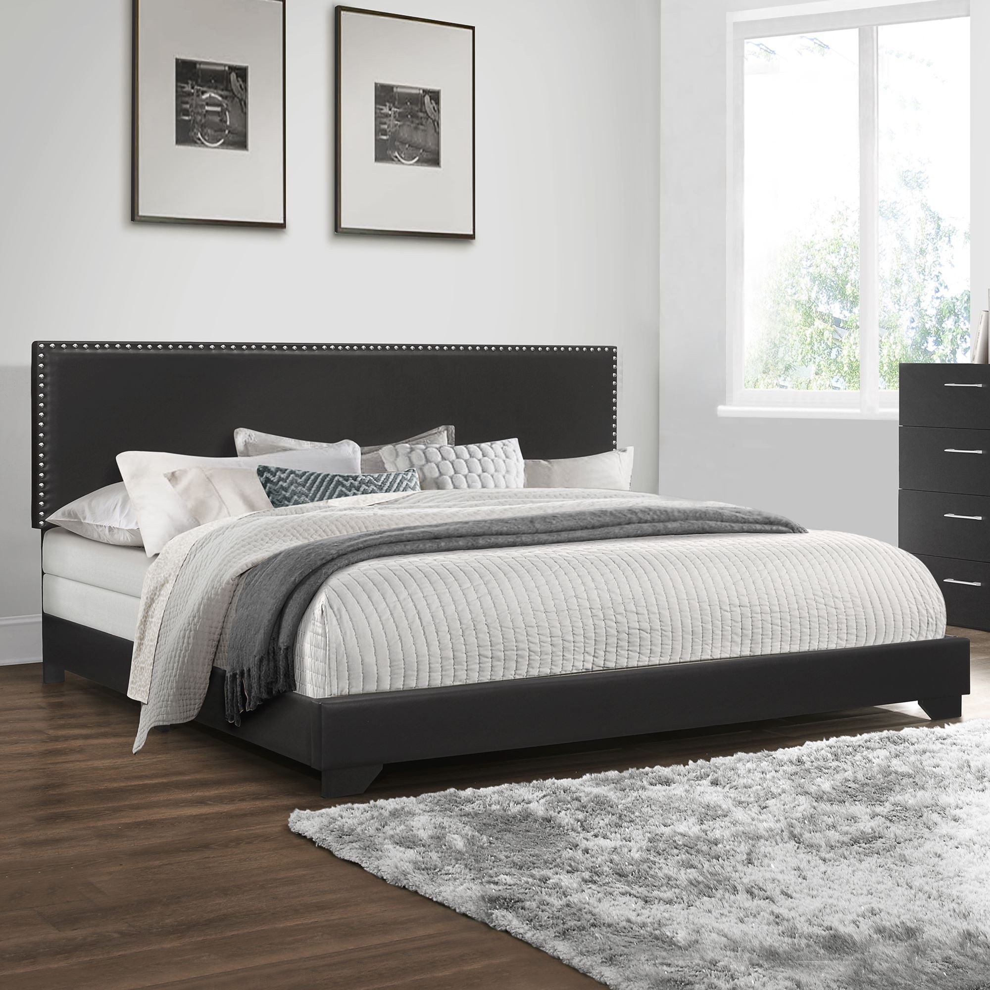 Free Shipping Willow Nailhead Trim Upholstered King Bed Black Faux Leather Walmart