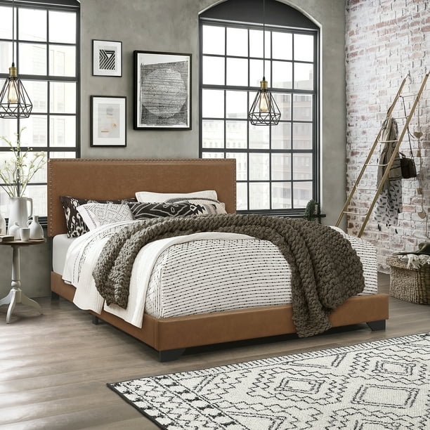 Willow Nailhead Trim Upholstered King Bed, Saddle Brown Faux Leather