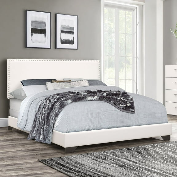 Willow Nailhead Trim Upholstered King Bed, White Faux Leather