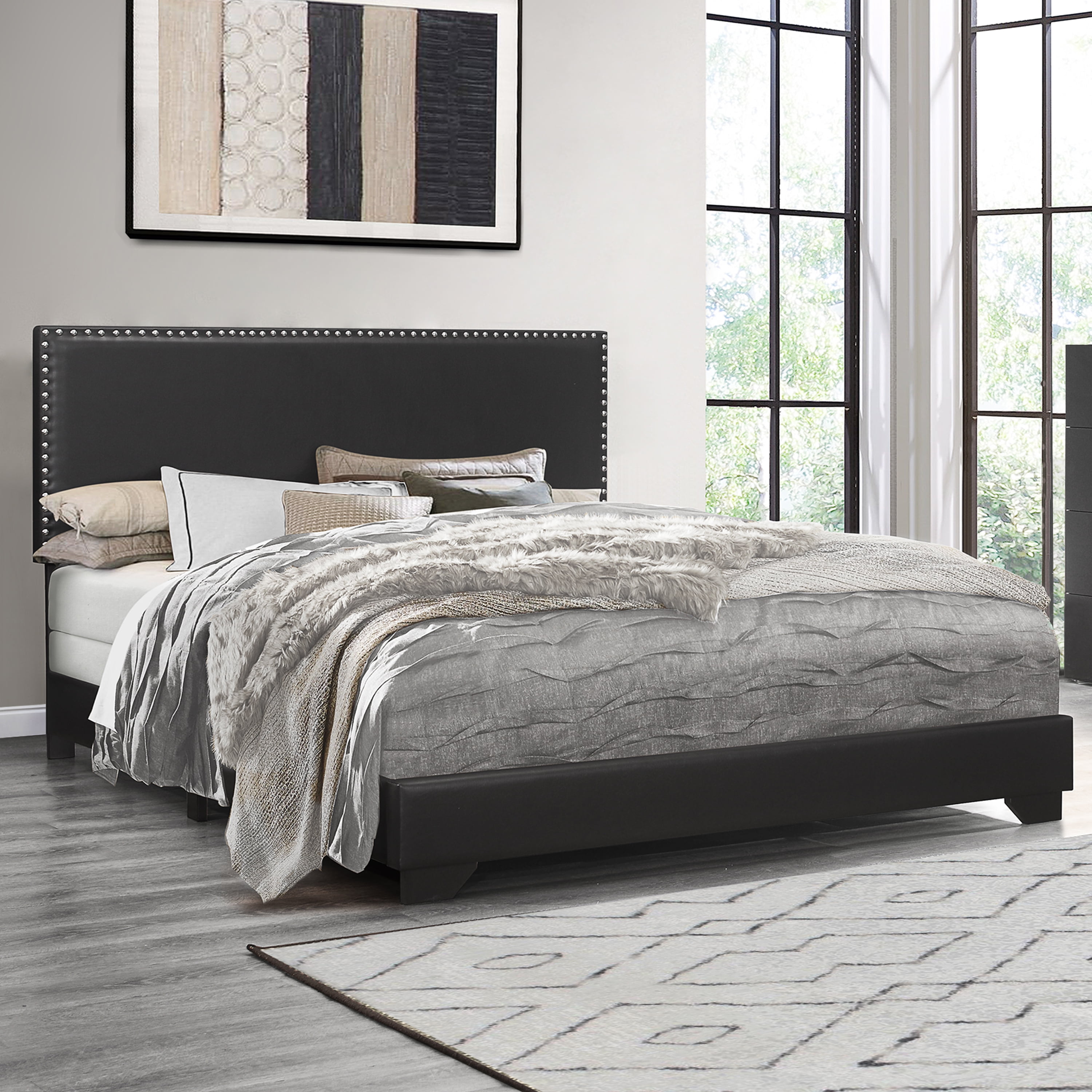 Willow Nailhead Trim Upholstered Queen Bed Black Faux Leather