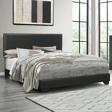 Willow Nailhead Trim Upholstered Queen Bed, Black Faux Leather