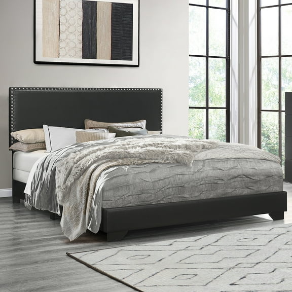 Willow Nailhead Trim Upholstered Queen Bed, Black Faux Leather