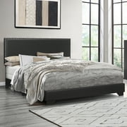Willow Nailhead Trim Upholstered Queen Bed, Black Faux Leather