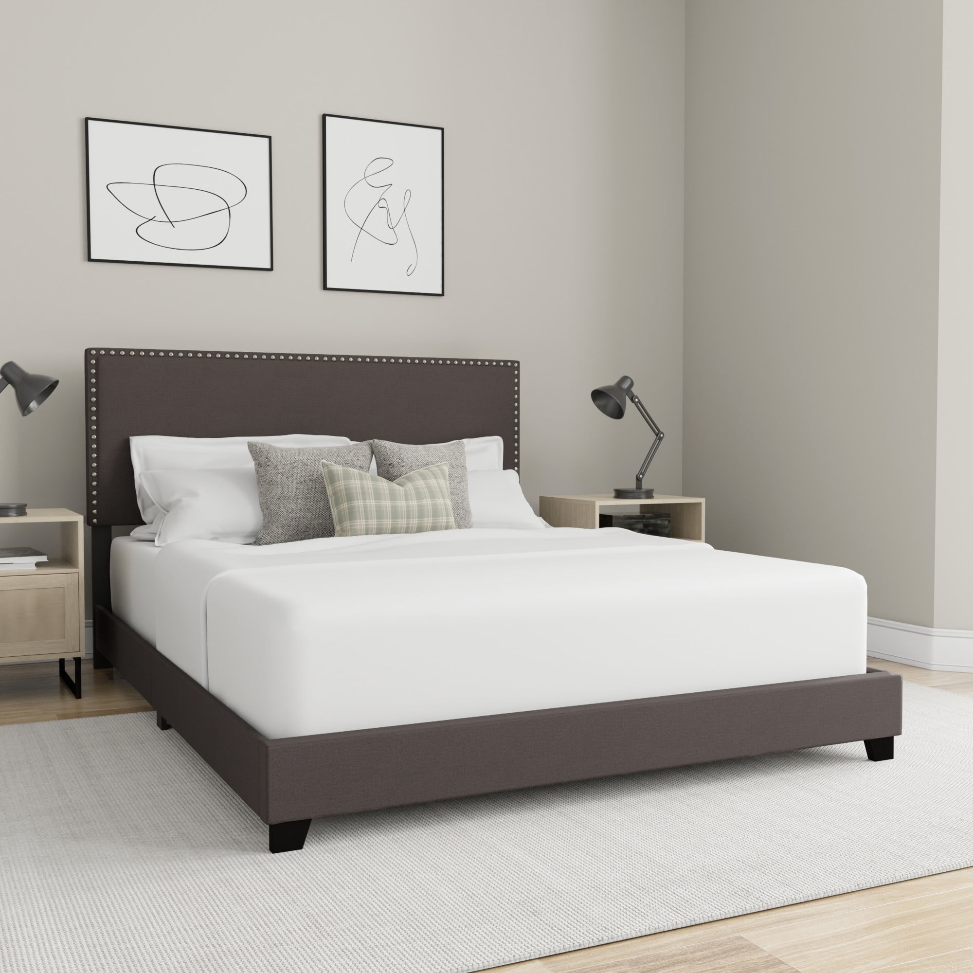 Willow Nailhead Trim Upholstered Queen Bed, Charco