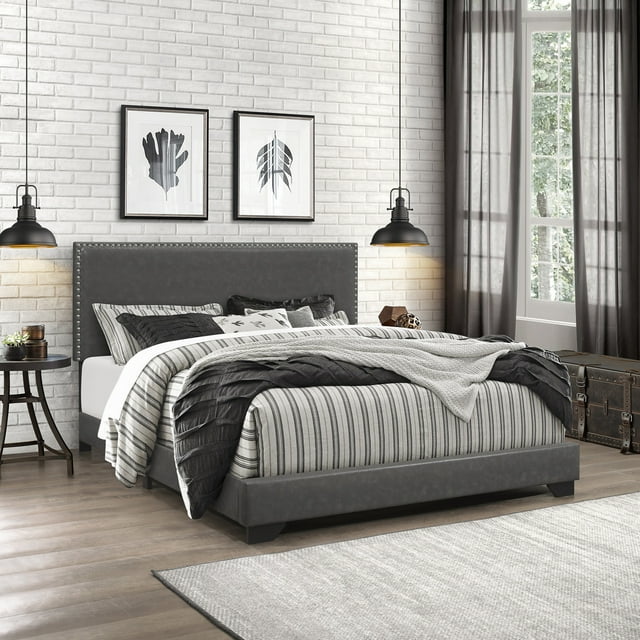 Willow Nailhead Trim Upholstered Queen Bed, Charcoal Faux Leather