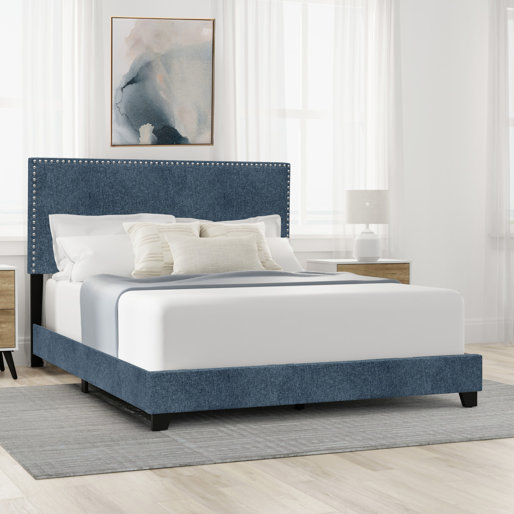 Willow Nailhead Trim Upholstered Queen Bed, Denim Fabric - image 1 of 17