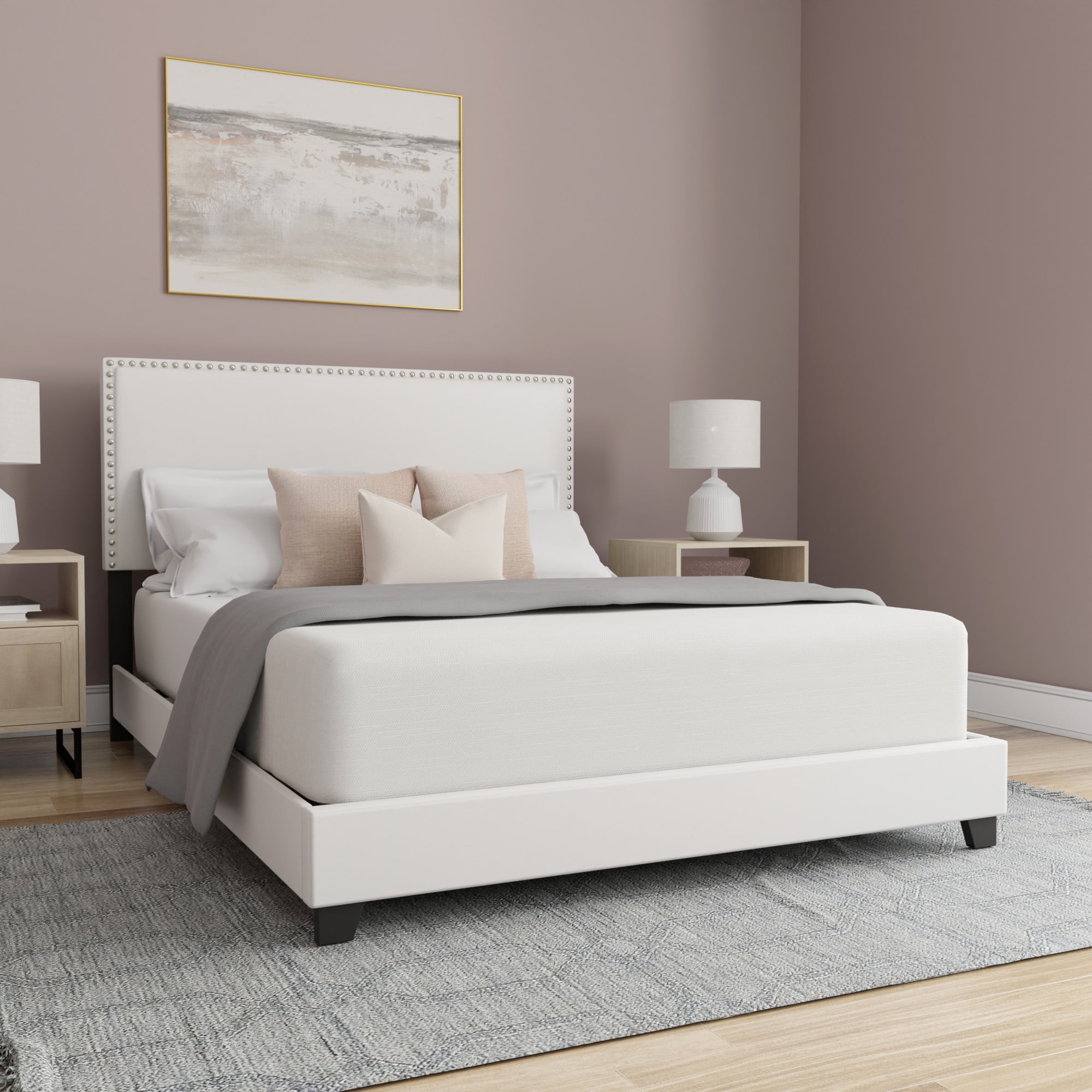 Willow Nailhead Trim Upholstered Queen Bed White Faux Leather Walmart
