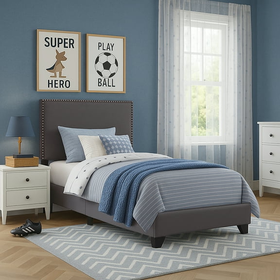 Willow Nailhead Trim Upholstered Twin Bed, Charcoal