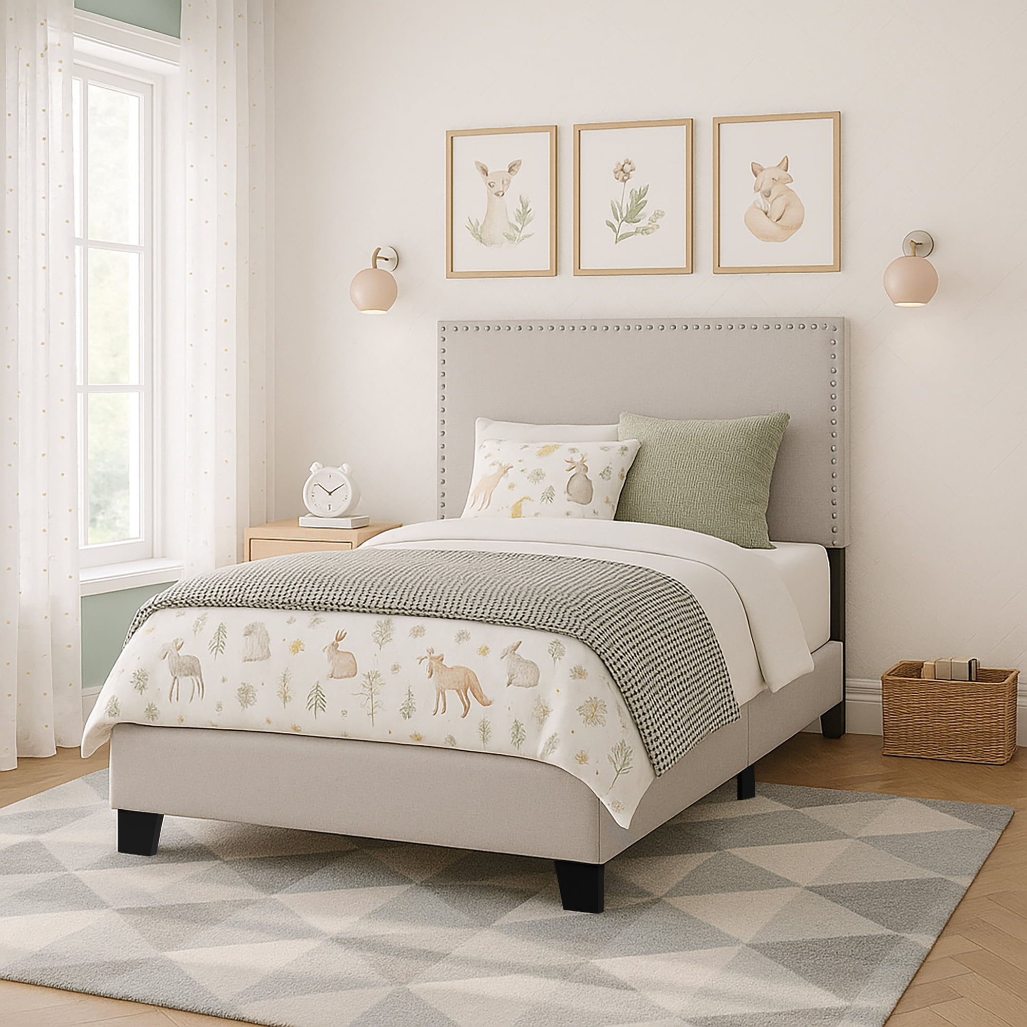 Willow Nailhead Trim Upholstered Twin Bed, Fog
