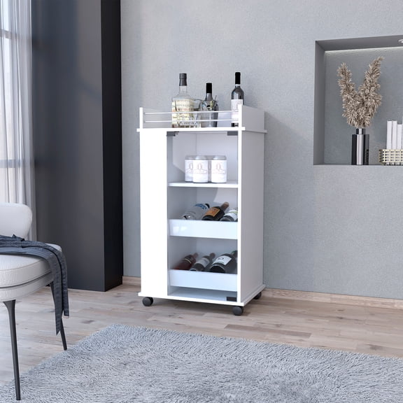 Willow Park Glass Door Bar Cart with Bottle Holder and Casters White