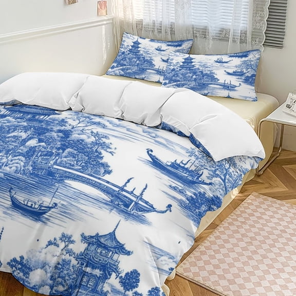 Willow Pattern Cobalt Blue Bedding Set Couple Bedclothes Pillowcase Customized Home Textiles Bed Set for Bedroom Decoration
