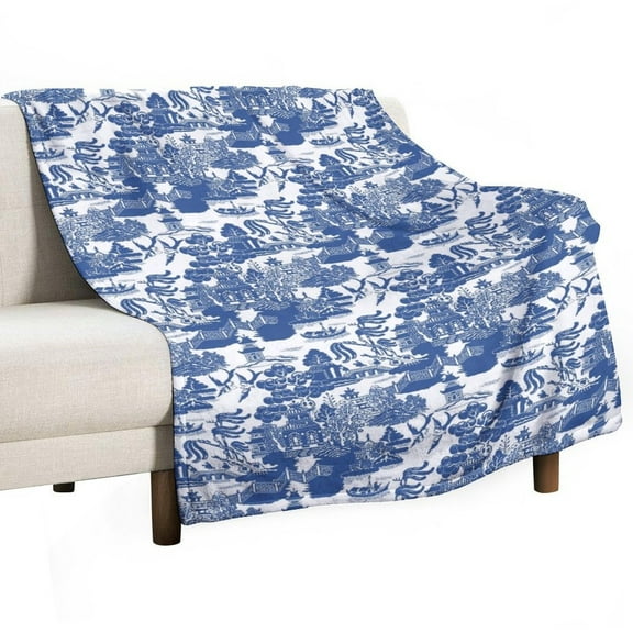 Willow Pattern Cobalt Blue Flannel Blanket Lightweight Blanket for Couch Sofa Bed, Super Soft Cozy Print Warm Blanket