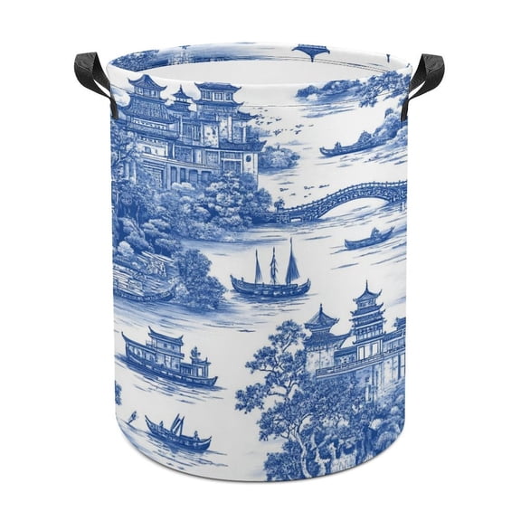 Willow Pattern Cobalt Blue Laundry Basket for Dirty Clothes Storage Hamper Home Organizer Foldable