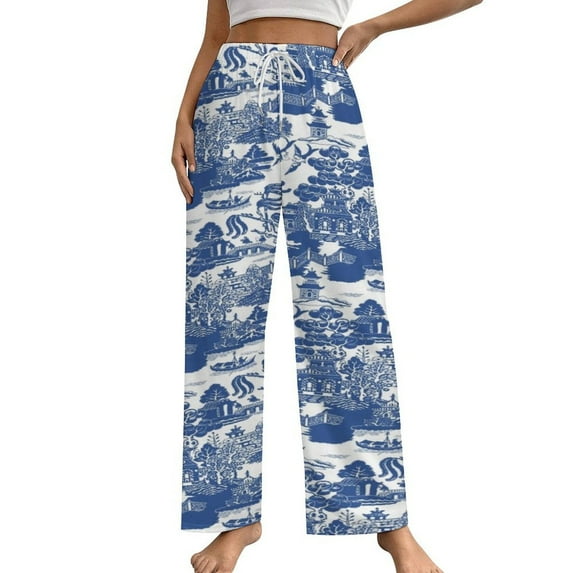 Willow Pattern Cobalt Blue Pajama Pants Breathable with Pockets Pajamas For Lady Vintage Sleeping Pants Bedroom Homewear