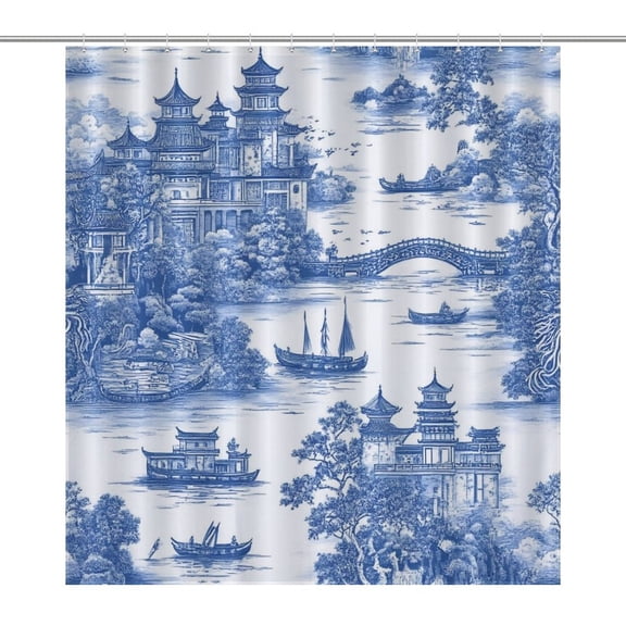 Willow Pattern Cobalt Blue Shower Curtain Ornament Bathroom Curtains with Fabric Bathroom Decor