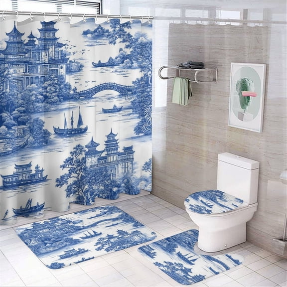 Willow Pattern Cobalt Blue Shower Curtain Waterproof Bathroom Curtain Set 4pcs with Hooks Home Decor Bathroom Curtains